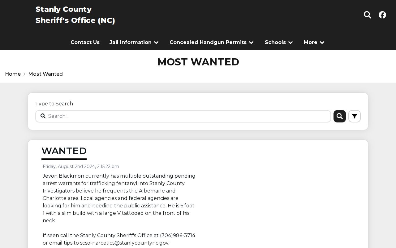 Stanly County arrest warrants and official Most Wanted interface