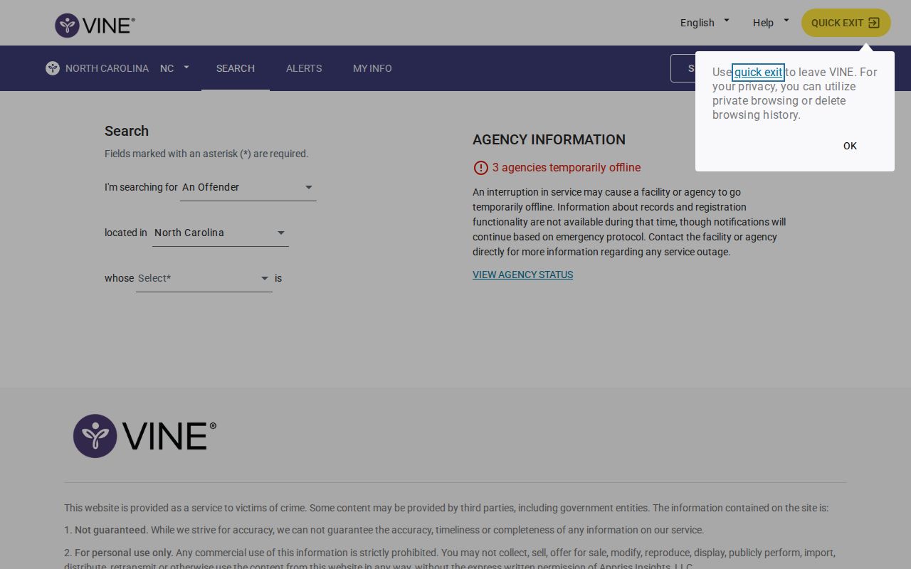 VINE arrest check search for Stanly County and North Carolina custody